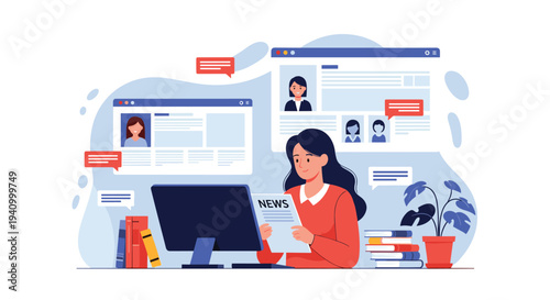 Young woman sitting at a desk with a computer and reading a newspaper while digital news windows float in the background.