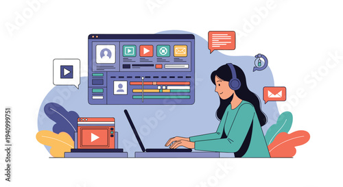 Creative woman with headphones sitting at her desk and editing video content on a laptop with digital workspace overlays.