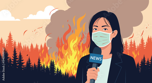 Female news reporter wearing a medical mask and holding a microphone while reporting from a dangerous forest fire scene.