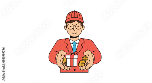 Delighted individual offering a wrapped present and a handful of golden coins, symbolizing rewards and prosperity