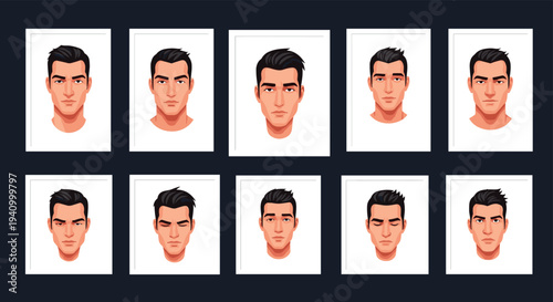 Grid of ten identical male portraits with neutral expressions used for facial recognition or character variation study.