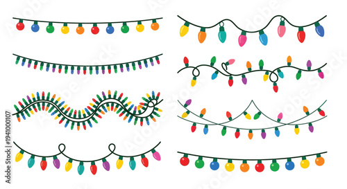 Colorful string lights arranged in various wavy and linear patterns