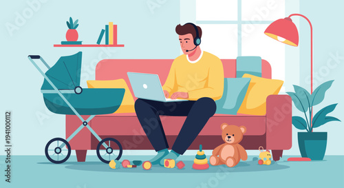 Dedicated father working on a laptop from home while sitting on a sofa in a room filled with baby toys and a stroller.