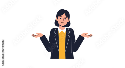 Animated female professional with confused expression and outstretched hands symbolizing uncertainty or lack of knowledge