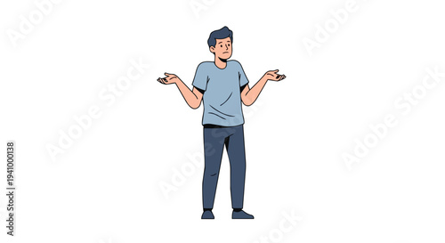 Cartoon of a young man shrugging his shoulders and looking perplexed with his palms up in a gesture of uncertainty and confusion