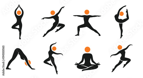 Silhouette figures demonstrating various yoga poses with orange circular heads