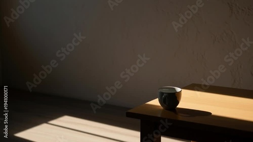 Coffee Cup on Table in Sunlight.