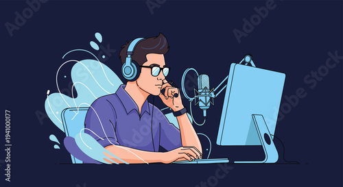 Professional man with glasses and a headset working at a computer station equipped with a high-quality studio microphone.