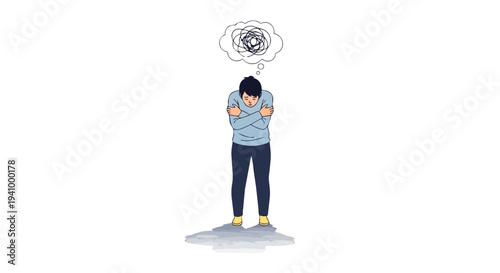 Illustration depicting a person experiencing mental distress and internal turmoil, visualized through a thought bubble of tangled lines and a