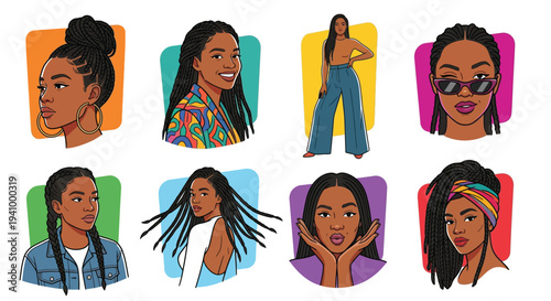 Diverse portraits of young black women with varied hairstyles and fashion