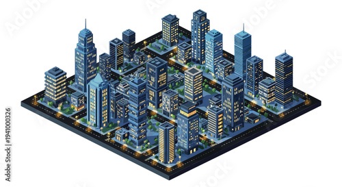 Isometric night view of a metropolitan city block featuring blue skyscrapers with illuminated windows and streetlights.
