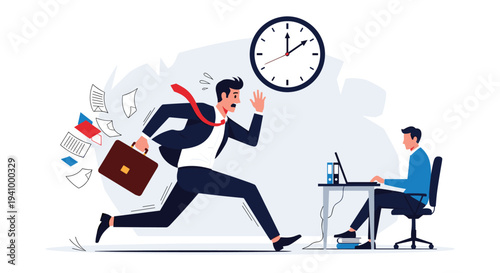 Frantic businessman running late for a meeting with papers flying out of his briefcase while a colleague works at a desk.