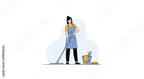 Diligent woman wearing an apron and mopping the floor while surrounded by various cleaning supplies and a blue bucket.