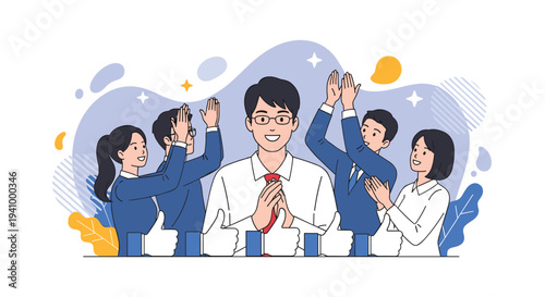 Successful businessman smiling while his colleagues stand behind him clapping their hands and giving positive thumbs up.