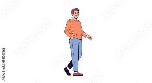 Joyful young man in casual orange shirt and blue trousers confidently striding forward with a relaxed demeanor on a pure white background