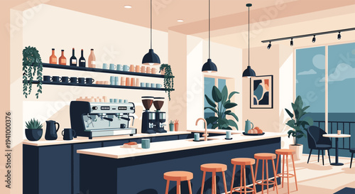 Interior view of a stylish and modern coffee shop featuring an espresso machine, wooden stools, and large windows.