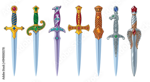 A collection of ornate fantasy swords with colorful hilts and blades