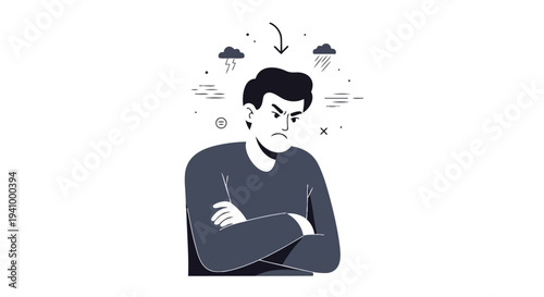Illustration of an angry man with stormy thoughts and a dark cloud overhead, depicting negative emotions and mental distress