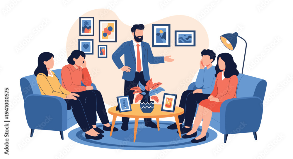 Fototapeta premium Professional therapist conducts a group counseling session with diverse individuals in a comfortable and supportive living room environment.