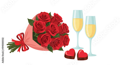 Bouquet of red roses wrapped in pink paper sits next to two glasses of champagne and two heart-shaped chocolate pralines.