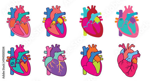 Anatomical hearts in vibrant colors arranged in a grid pattern