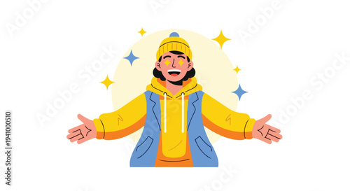 Joyful Cartoon Character in Bright Yellow Hoodie and Beanie with Open Arms Surrounded by Sparkling Stars
