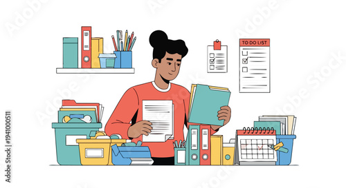 A person meticulously organizing documents and managing tasks with a clear to-do list and calendar, symbolizing productivity and efficient workflow