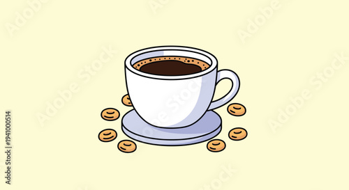 Simple illustration of a white ceramic coffee cup and saucer surrounded by several roasted coffee beans on a yellow base.