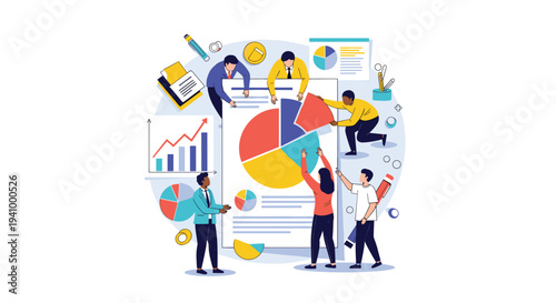 Creative business team working together to assemble a large colorful pie chart representing data and collaborative work.