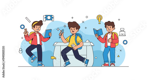Three happy young boys with backpacks and books celebrating their school day against a light blue abstract background.