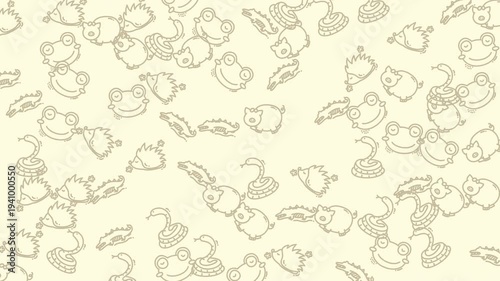 Whimsical light yellow background with a scattered pattern of cute cartoon animal outlines including frogs, hedgehogs, and pigs, perfect for children's designs.