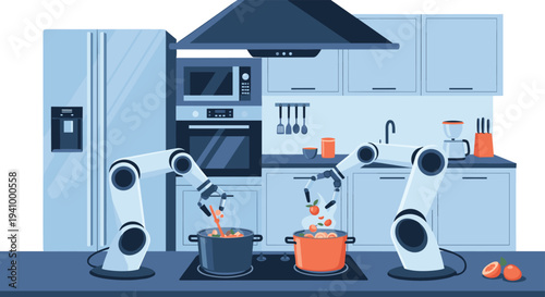 Modern smart kitchen featuring two white robotic arms cooking food in pots on a stove top with fresh orange slices.