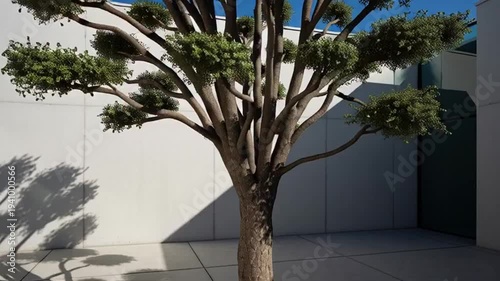 Tree in Modern Courtyard with Clear Blue Sky.