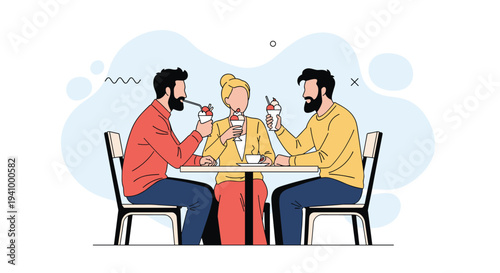 Group of cheerful friends gathers at a modern cafe to enjoy delicious ice cream sundaes and hot coffee during a social outing together.