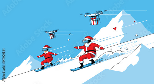 Santa Claus and his elf helper enjoy snowboarding down a snowy mountain slope while wearing futuristic virtual reality goggles during Christmas.