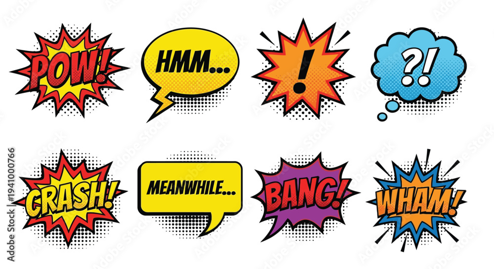 Fototapeta premium Colorful comic book speech bubbles and explosive sound effects illustration
