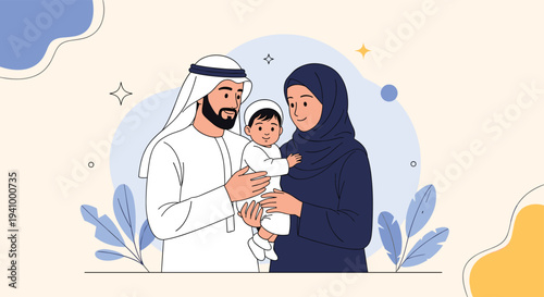 Loving Muslim family featuring a father, mother in a traditional hijab, and their young son pose together in a heartwarming family portrait.