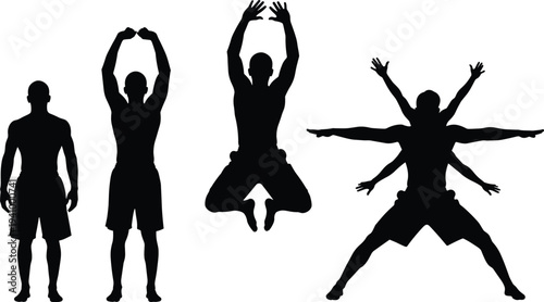 Athletic man jumping silhouette set, sport training poses, fitness workout action figures isolated, active male body movement collection