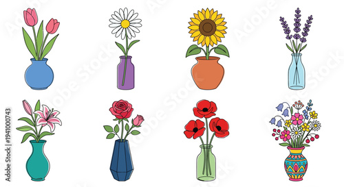 Colorful cartoon flowers in vases a cheerful botanical illustration