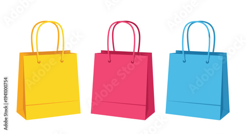 Three minimalist paper shopping bags in yellow, pink, and blue colors are arranged in a row against a white background.
