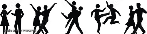 Black silhouette set of dancing couples performing ballroom salsa tango moves isolated on white background party celebration movement illustration