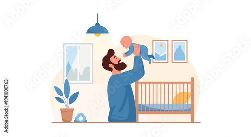 Happy father lifts his giggling baby high in the air while spending quality time in a brightly lit nursery room with modern furniture.