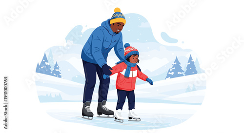 African American father teaches his young daughter how to ice skate on a beautiful frozen pond surrounded by a snowy winter forest.