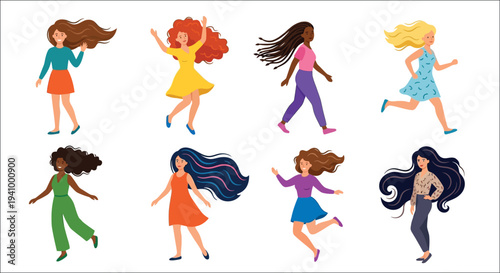 Diverse group of women with varying hairstyles and colorful clothing