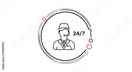 Circular medical icon features a healthcare professional with a headset and 24/7 text, symbolizing constant availability of medical support.