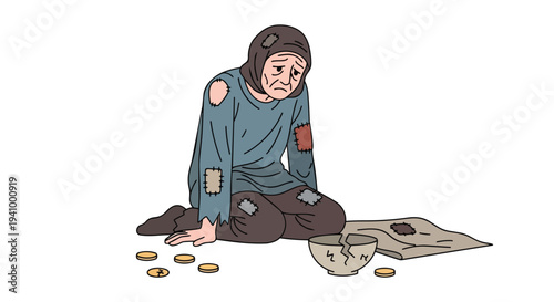 A lonely, dejected individual sits on the ground with tattered clothing, a broken bowl, and a few coins, representing hardship and destitution