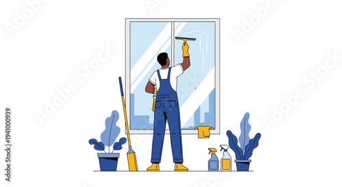 Professional window washer wearing blue overalls uses a squeegee and cleaning solution to wash a large glass window of a city building.