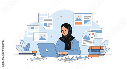 Focused Muslim woman wearing a black hijab works on a laptop surrounded by digital documents and books in a modern home office space.