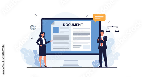 Business colleagues stand next to a large computer monitor to review a digital document and scales of justice icon in a corporate office.