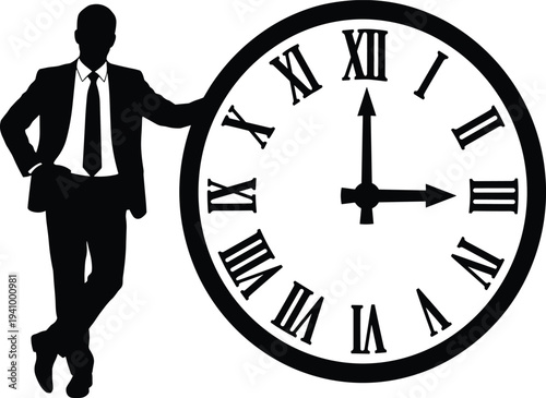 Businessman silhouette standing with large clock time management concept vector illustration